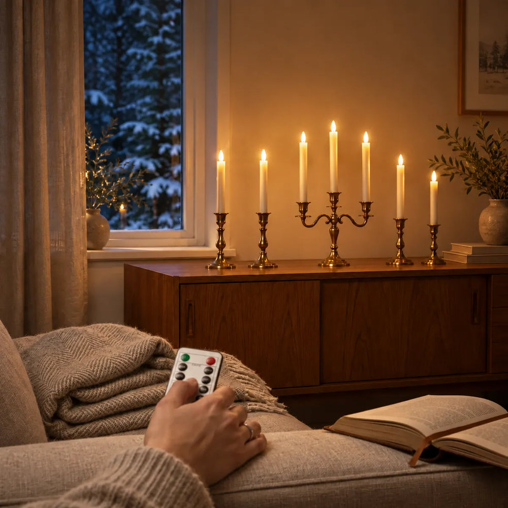 Hånd med fjernbetjening tænder Wove Luma LED-kronelys på en teakskænk fra sofaen en vinteraften