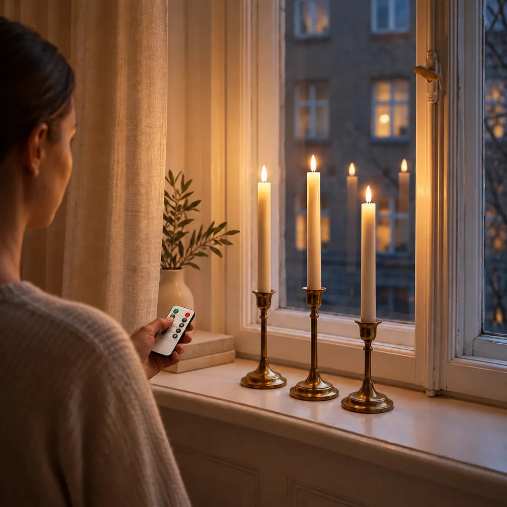 Kvinde tænder tre Wove Luma LED-kronelys i vindueskarmen med fjernbetjeningen en vinteraften