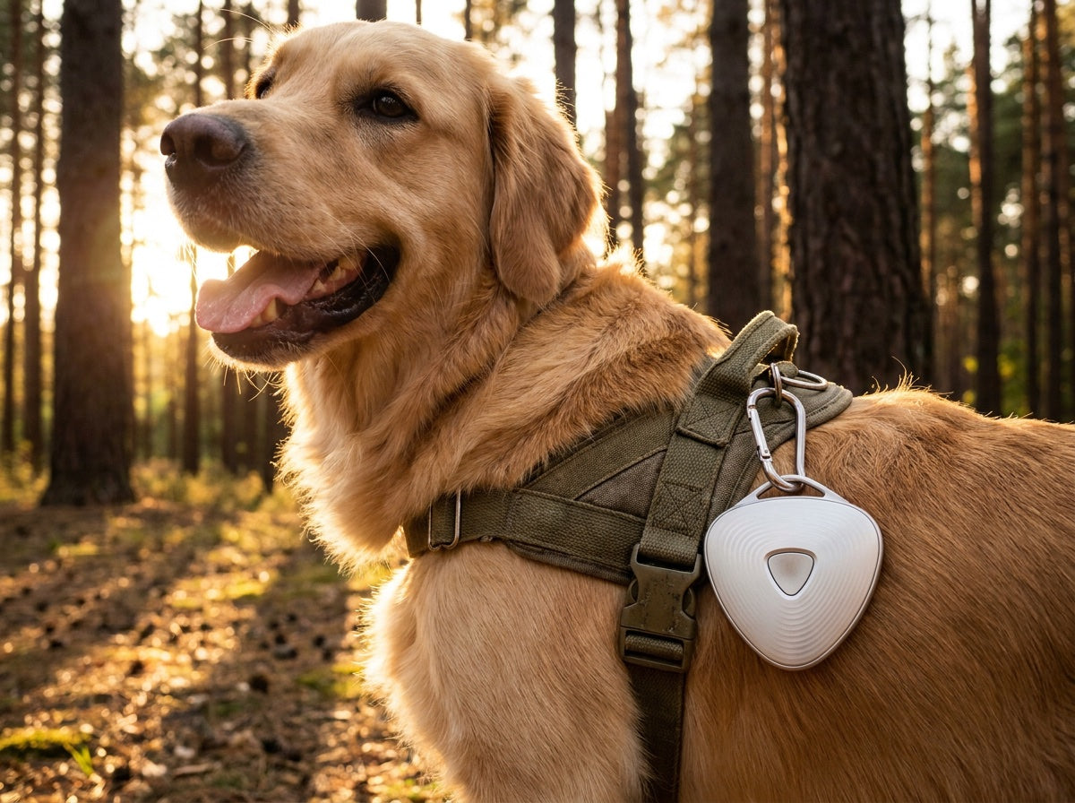 Hund med Eoka Clip på selen i aftensol