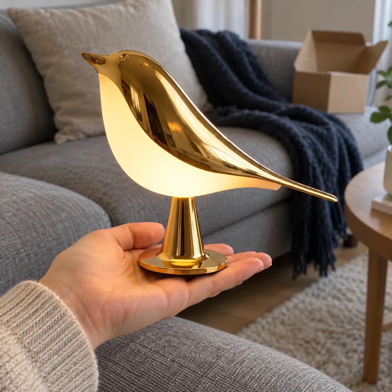 Svala i guld holdt i hånden i stuen, lige pakket ud