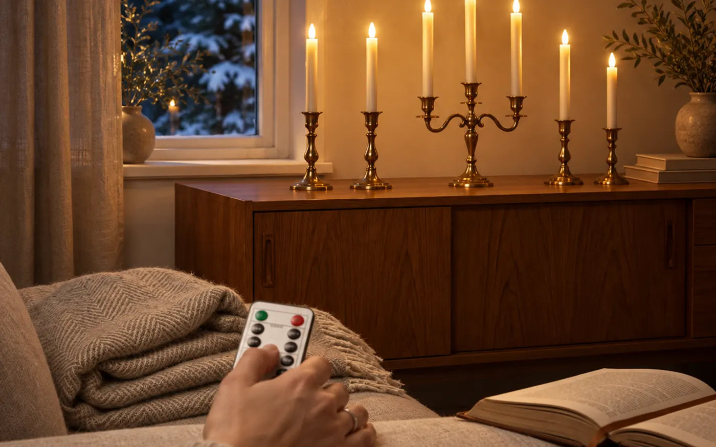 Seks LED-kronelys i messingstager på en skænk, tændt med fjernbetjening fra sofaen
