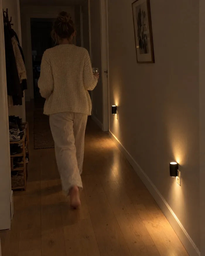 Kvinde på vej gennem en mørk gang, hvor væglamperne lyser ved gulvet