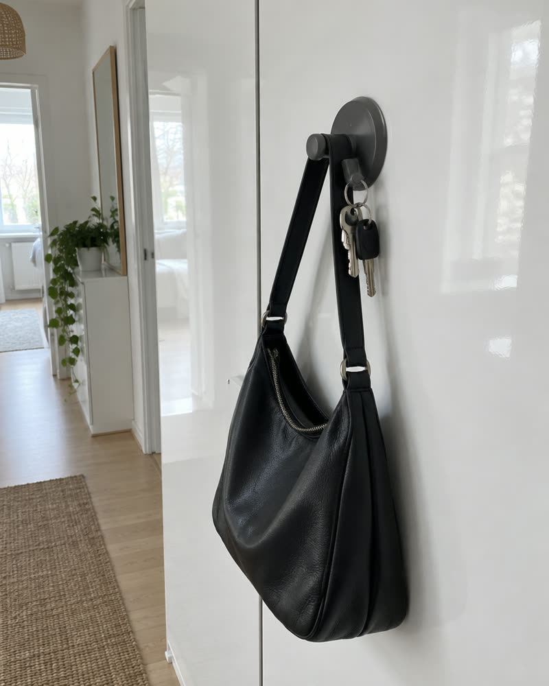 Wove-krog i gunmetal på en hvid garderobelåge med en sort taske og nøgler